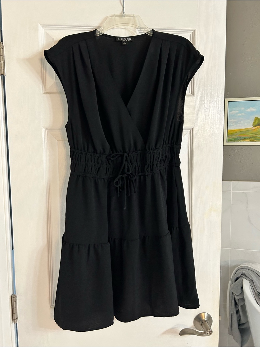 Rachel Zoe Black V-Neck Drawstring Waist Tiered Mini Dress